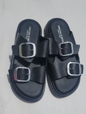 CHRISTIAN DI RICCIO ITALY Black Double-Buckle Lug Slide Sandals size 38 US 7.5